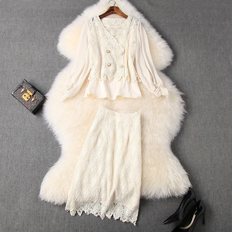 

Весной 2021 в Европе и Соединенных Штатах красоты Женская одежда в дырочку с длинным рукавом и юбка и рубашка для девочек модные костюмы