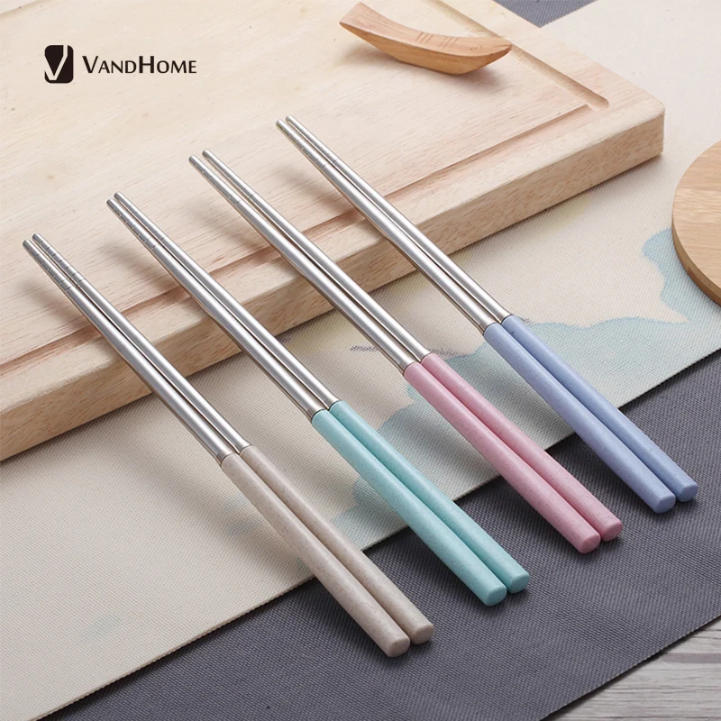 

VandHome 4 Pairs/Set Chinese Chopstick 304 Stainless Steel Chopstick Set With Wheat Straw Handle Reusable Food Sushi Stick