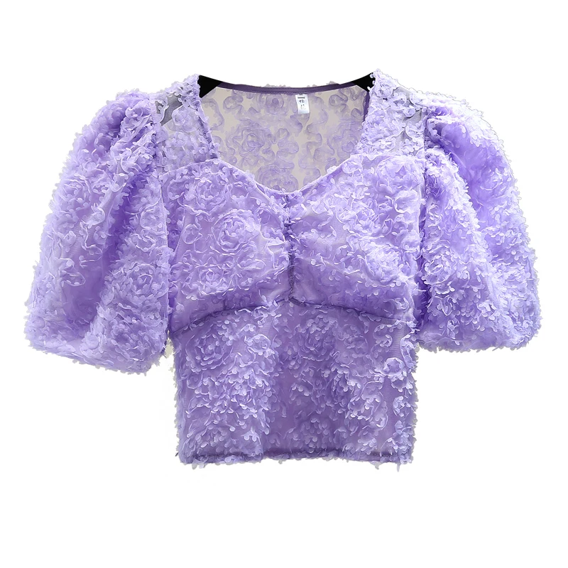 

Shirt for Women Slim Tops Temperament Sexy Perspective Roses Bubble Sleeve Shirt Lady 2020 Popular Purple Blouse Blusas Crop Top