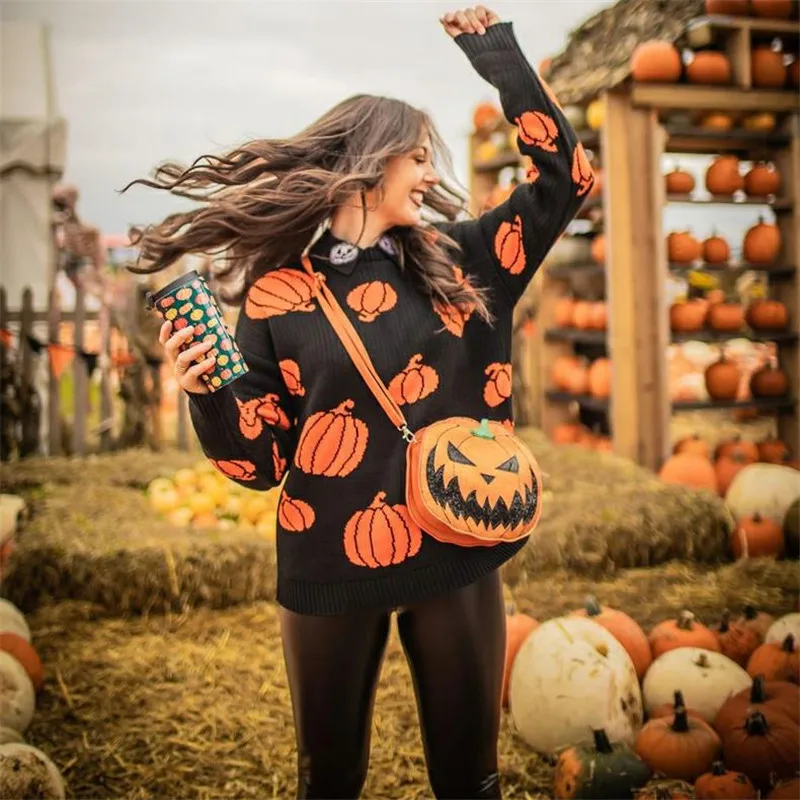 

Women Casual Long Sleeve Sweater Autumn Winter Vintage Halloween Pattern Tops Round Neck Knitwear Fashion Women Clothing