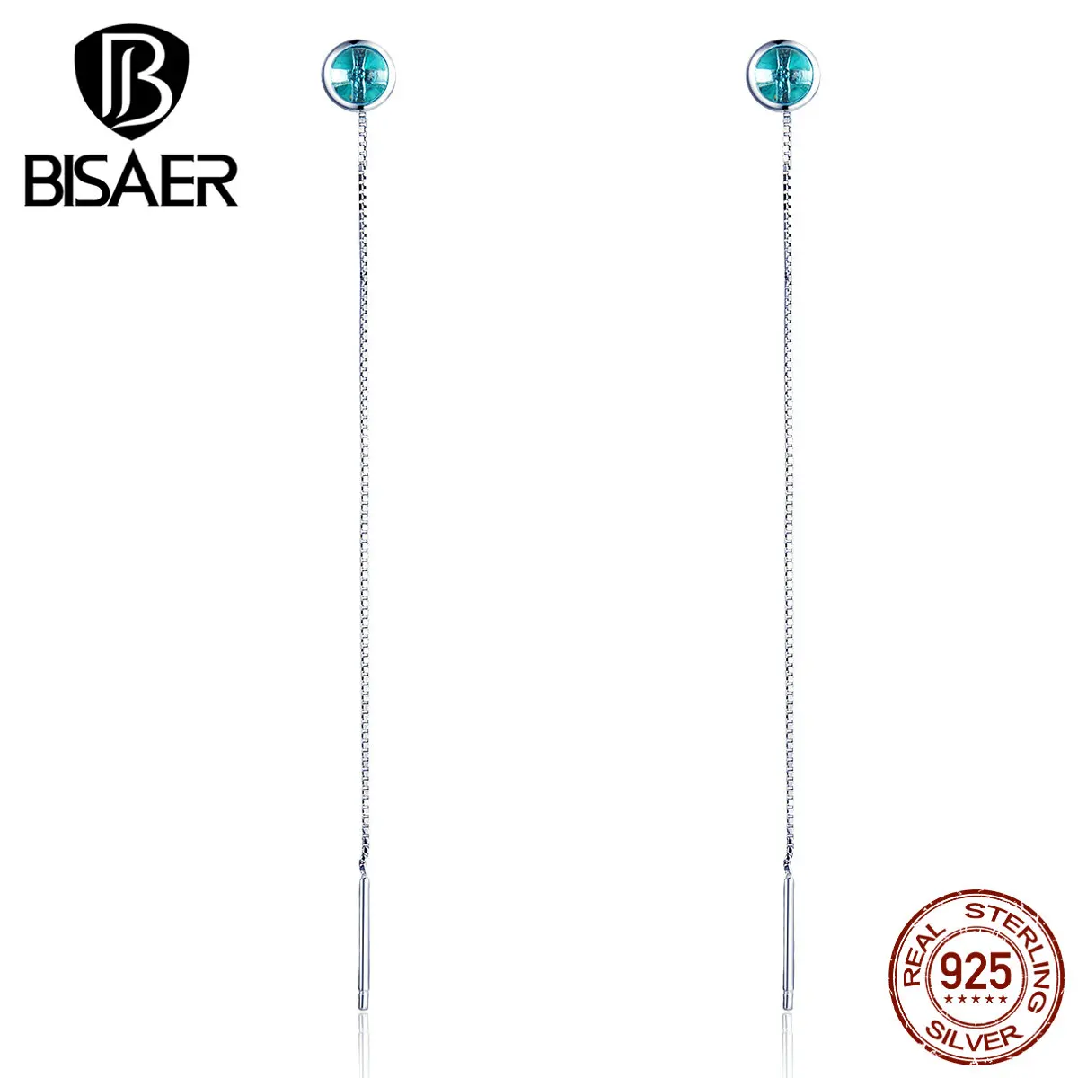 Простые серьги BISAER 925 пробы Серебряная Длинная цепочка простые классические женские серьги-гвоздики для женщин модные ювелирные изделия ECE720