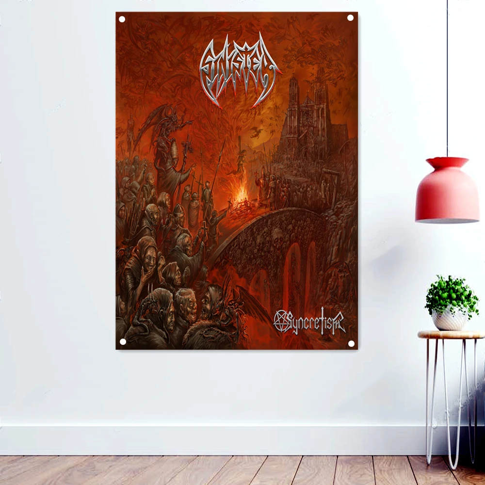

Sinister Scaled Scary Dark Art Flags Retro Wall Hanging Cloth Rock Band Death Metal Music Posters Skull Tattoo Banners Stickers