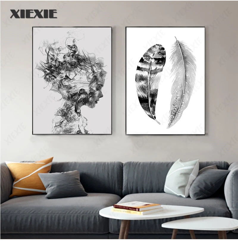 

Скандинавский постер в скандинавском стиле, черно-белые картины с перьями, настенная Картина на холсте, Настенный декор для гостиной