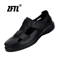 zftl mens sandals genuine leather hollow carved design summer soft casual shoes 2021 new brand black cool sandals