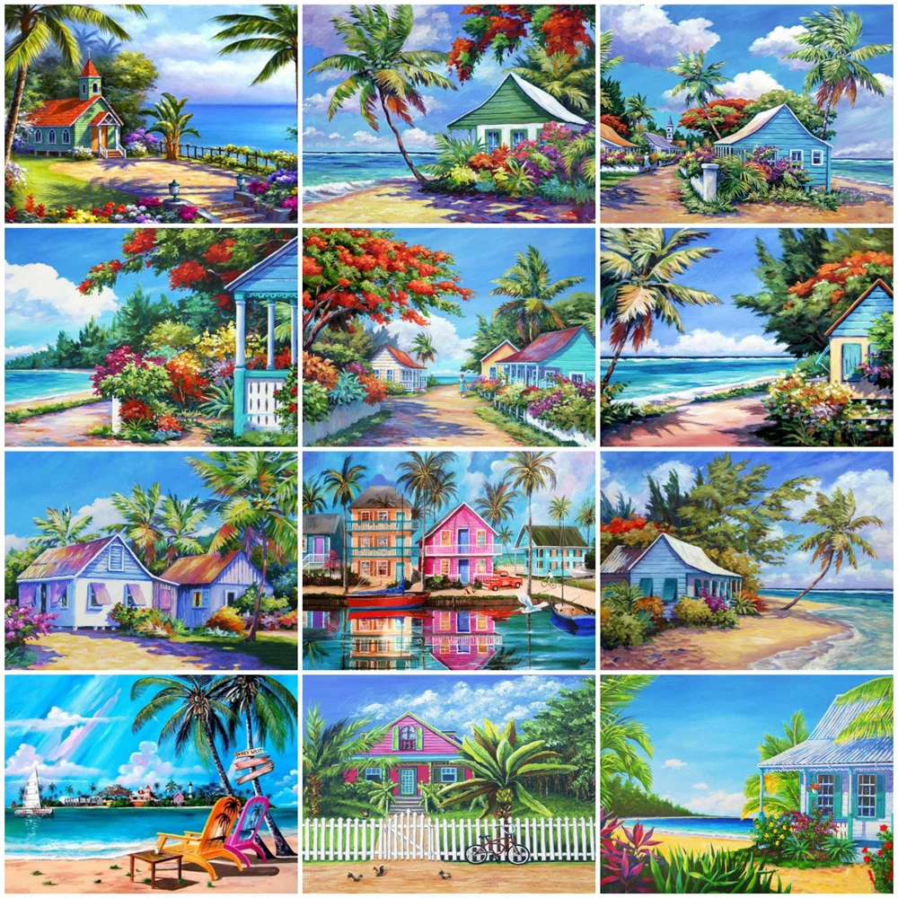 

HUACAN Picture By Numbers Seaside Landscape HandPainted Unique Gift DIY Frame Paint By Number Town For Living Room 60x75cm