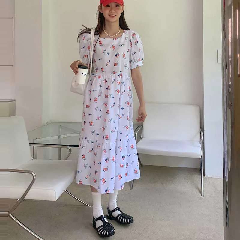 

Korean Floral Women Dress French Elegant One-Piece Party Holiday Dress 2021 Summer Ladies Fashion Loose Casual Dress Midi Dress