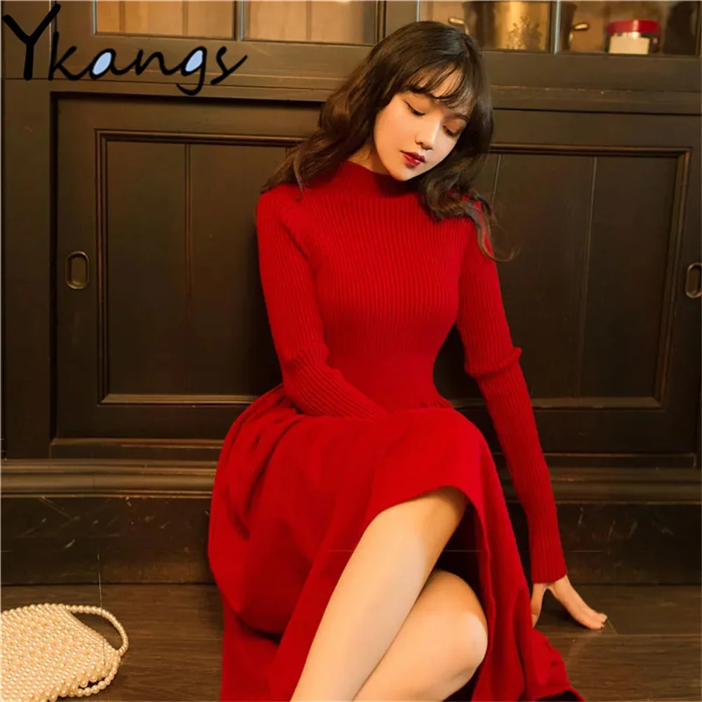 

Elegant Sexy Bottomed Women'S Knitted Dress Autumn Winter 2022 Vintage Slim Female Clothes Simple Red Mid-Length Sweater Dresses