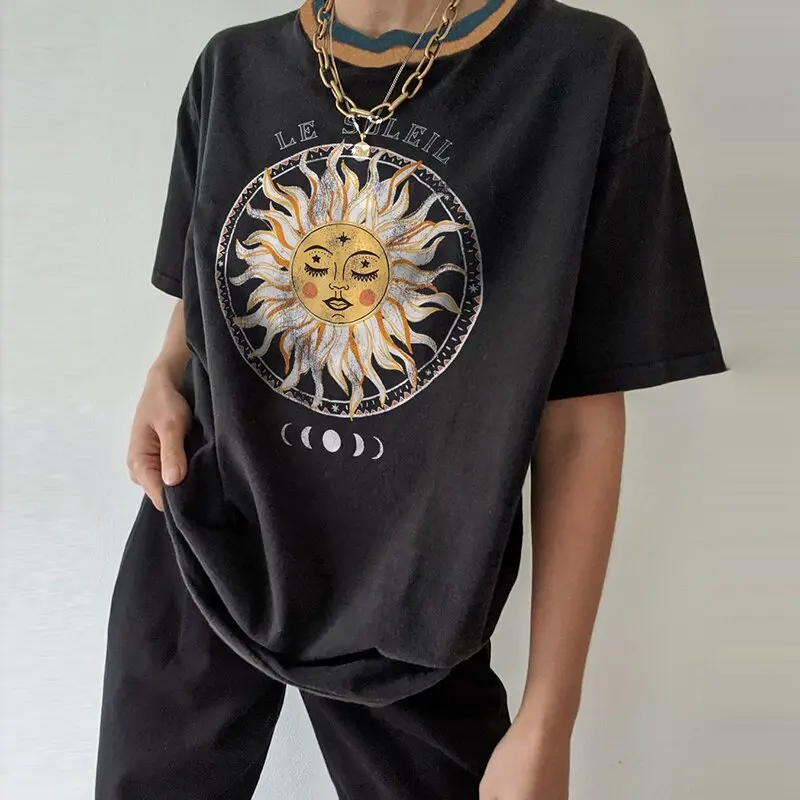 

Black Sun Face Print Graphic T Shirts for Women Vintage Loose Casual O Neck Short Sleeve Plus Fashion Tops Designer Streetwear
