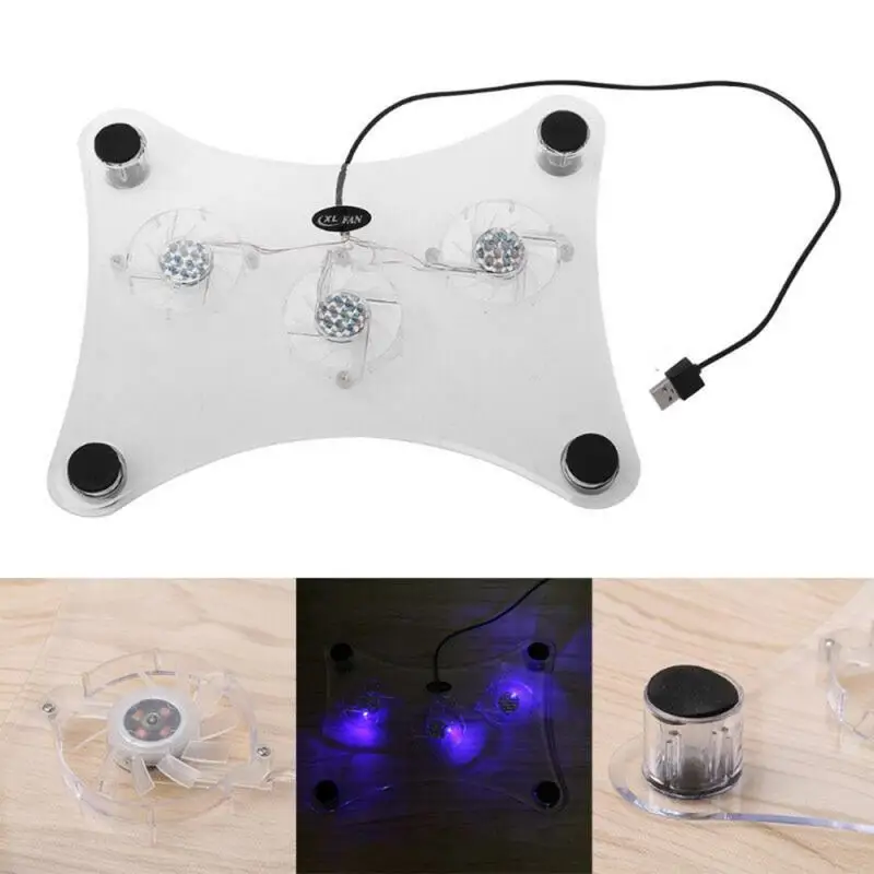 

Transparent 29X24X3 CM Laptop Cooler 3 Fans USB Cooler Cooling Pad Stand With Blue LED Lights Radiator For Laptop PC Notebook