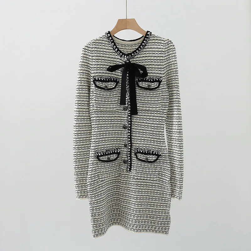 

High Quality Women Fashion Autumn Vintage Elegant Elastic Slim O Neck Bowknot Pocket Wool Knitted Dress