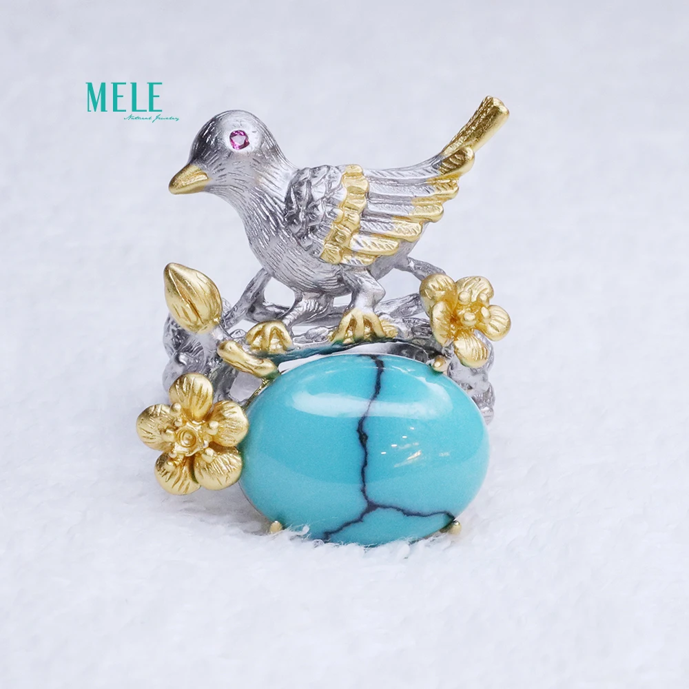 Natural Turquoise Lovely Little bird Flower 925 silver Ring | Украшения и аксессуары