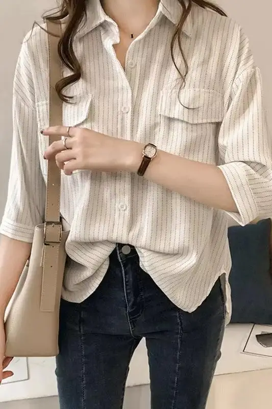 

Houthion New Women Blouse Stripe Loose Comfortable Fashion Leisure Top Shirts Summer Button Half Turn-down Collar