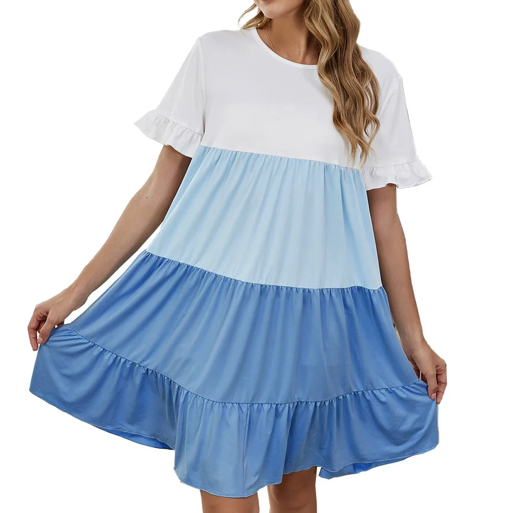 

Blue Gradient Splice Women Cake Midi Dress Summer Short Sleeve Sweet Ruffles O Neck Doll Dresses 2021 Home Party