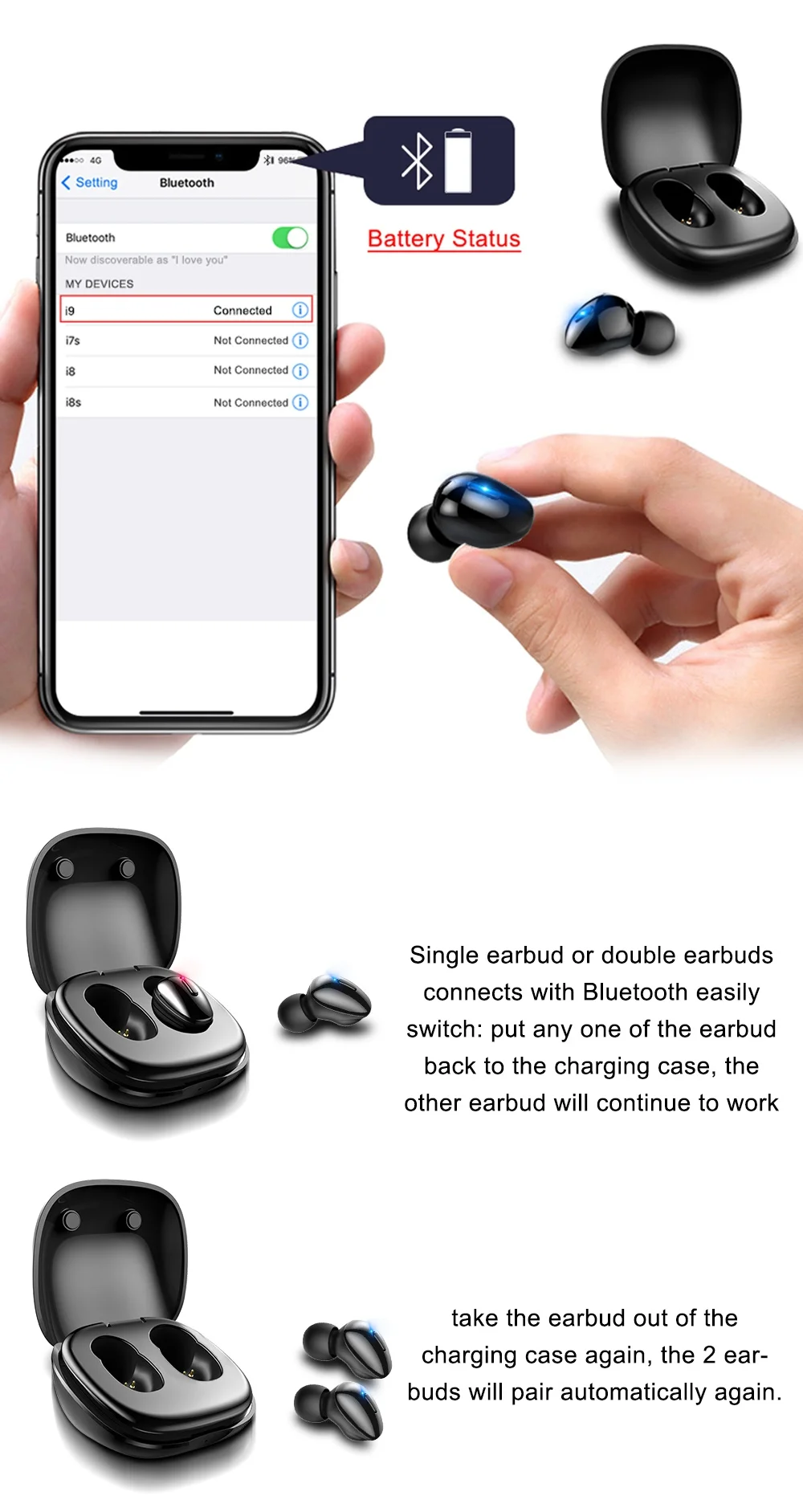 I9 TWS 5,0 Bluetooth наушники беспроводные наушники 3D стерео бас гарнитура Беспроводные наушники с двойным микрофоном для телефона