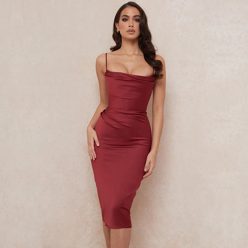 

New Spaghetti Strap Red Midi Dress Bodycon Folds Irregular Satin Dress Sexy Backless Party Club Dresses For Women Elegant Robe