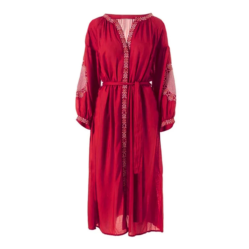 Женское винтажное пляжное платье TEELYNN красное Хлопковое с цветочной вышивкой и