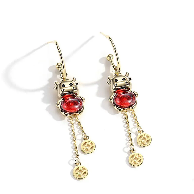 

TIMEONLY Chinese Style Golden Ox Drop Earring Red Crystal Hollow Metal Coin Chain Earrings Festival Gifts Jewellery for Women