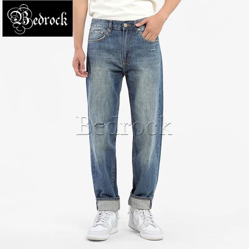 MBBCAR 11oz nostalgic ripped jeans for men slim pencil pants casual classic vintage washed blue raw denim selvedge jeans 7318