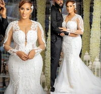plus size lace mermaid wedding dresses sheer neck illusion long sleeve appliques vintage sexy wedding gowns arabic african robes