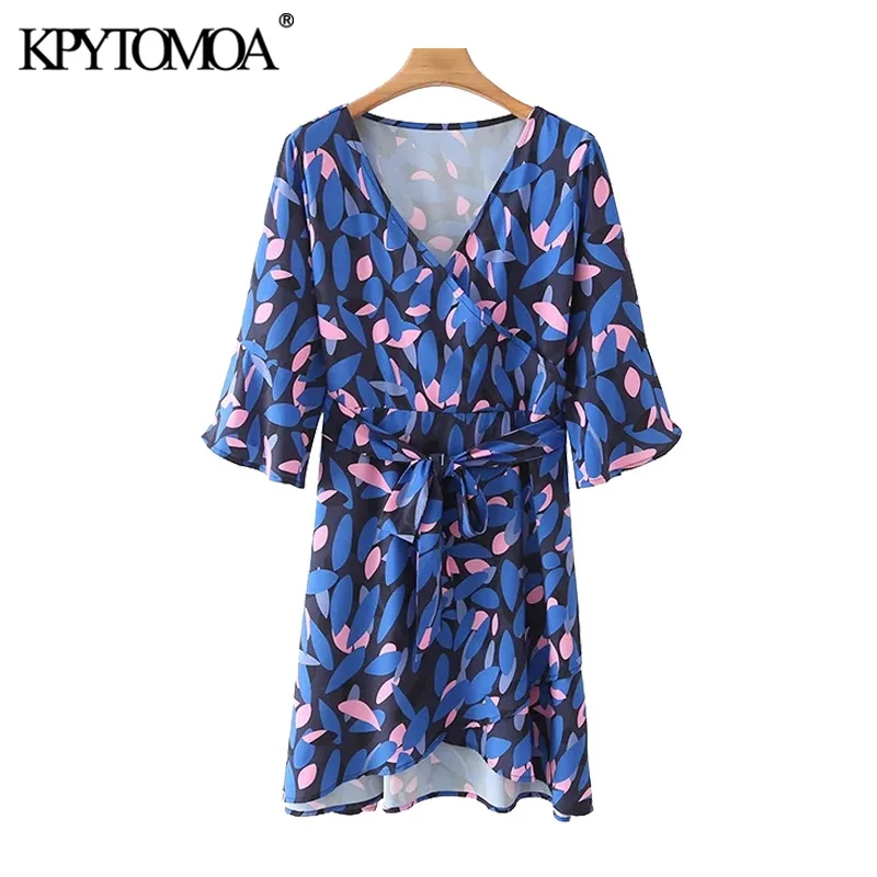 

KPYTOMOA женское 2021 шикарное модное с поясом мини-платье с геометрическим принтом винтажные женские платья с V-образным вырезом и расклешенными...