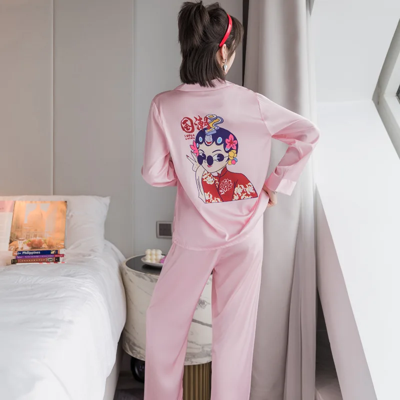

Chinese Style 2PCS Sleep Set Satin Lady Pajamas Suit Peking Opera Casual Sleepwear Retro Loose Home Wear 2021 Spring New Pyjamas