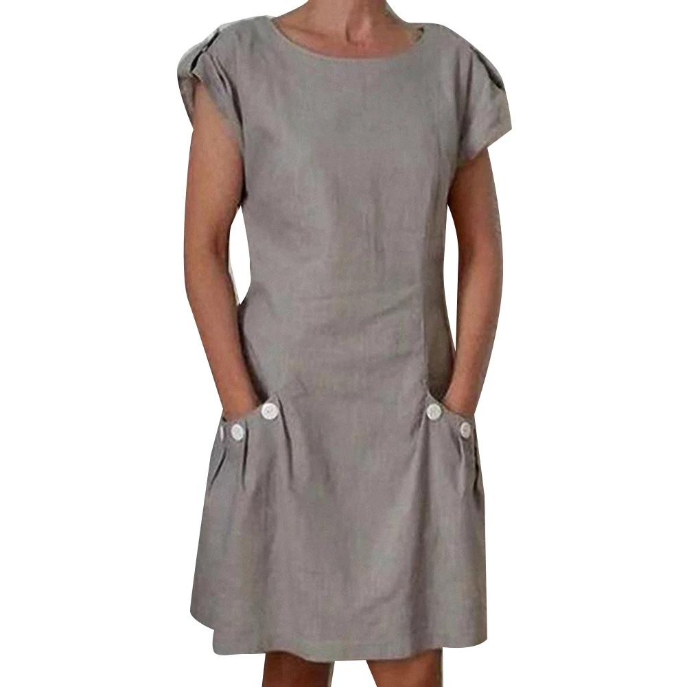 New Women Summer Casual Solid Color Round Neck Button Pockets Short Sleeve Midi Dress Cotton + Spandex Women's Size S-5XL | Женская