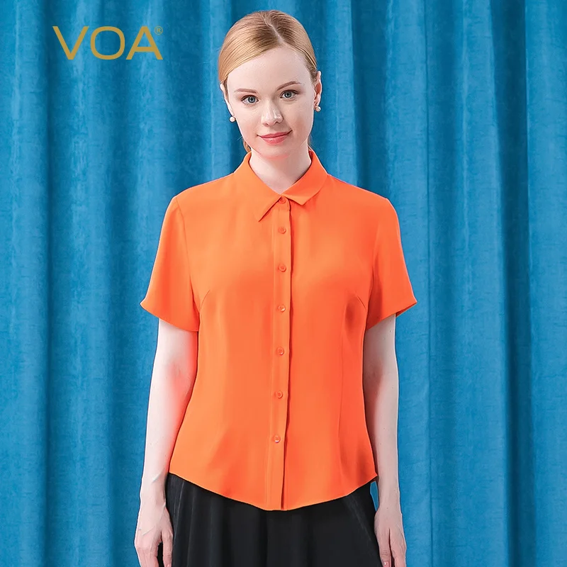 Billig VOA 30 Mt/mt Silk Shirts Helle Orange Revers Kurzarm Tops BT69 Einreiher Gerade Neck Knackig Alte Klassische Hemd Für Frauen