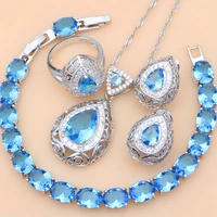 925 silver bridal jewelry sets blue cubic zirconia decorations for women wedding earringpendantnecklaceringbracelet
