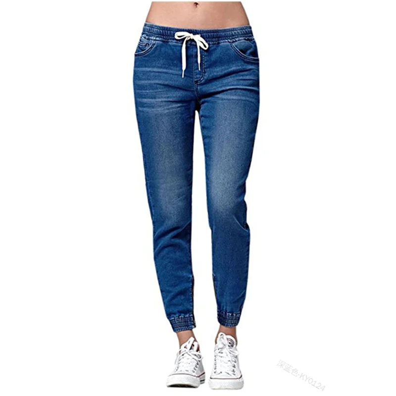 

WEPBEL Women's Fashion Drawstring Denim Long Pants Casual Elastic Waist Lace-up Jeans Slim Fit Tapered Pants Jeans Trousers