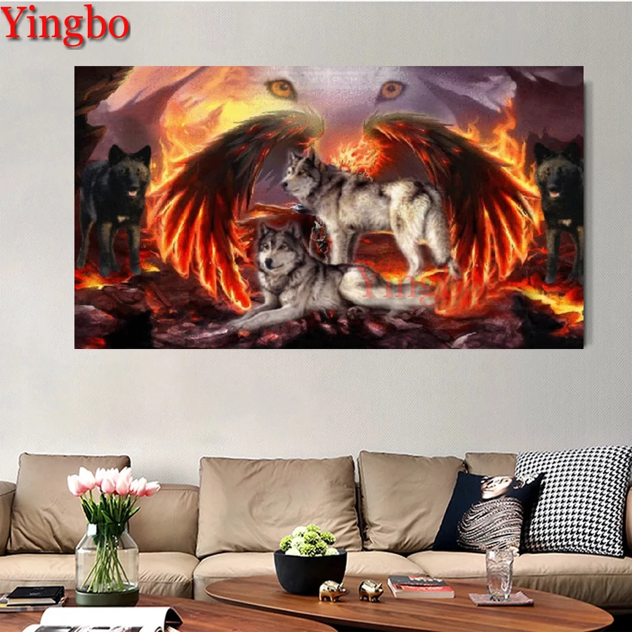 

Diy Diamond Painting Fire Wolf Angel Wings Full Drill Square Diamond Embroidery Fantasy Art New Arrival Mosaic Animal Kits