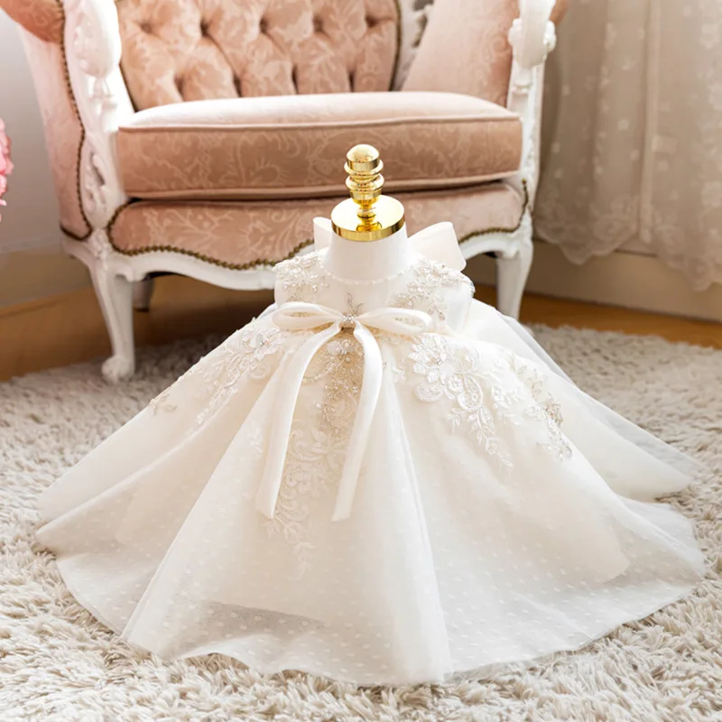 Korean Baby Girl Baptism Dress Kids Beading Bow Lace Tulle Toddler Christening Gown 1st Birthday Dresses Infant Boutique Vestido