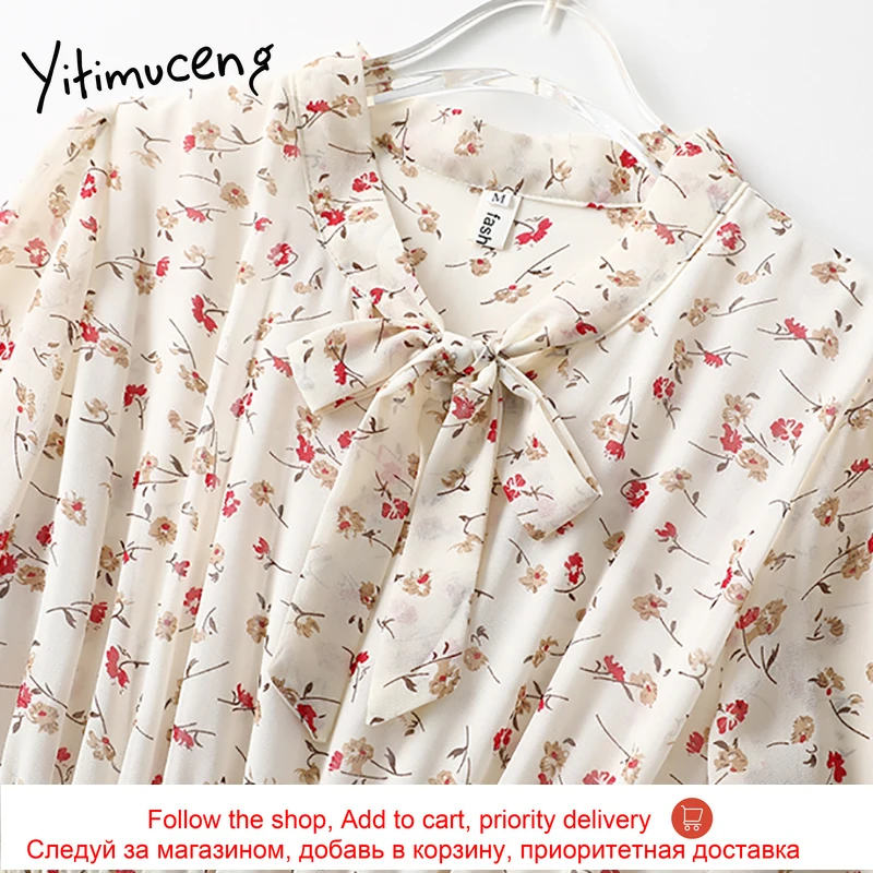 

Yitimuceng Floral Pint Bow Lace Up Pleated Mini Dresses Women High Waist V-Neck A-Line 2021 Spring Fashion New Chiffon Dress