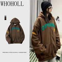 flocked letter hoodies sweater couples loose plush thicken cardigan warm autumn and winter jacket coat for men and women
