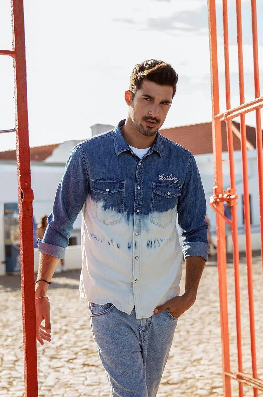 

spring summer new tie dyed denim shirts men fashion contract color embroidered letter 100% cotton shirt