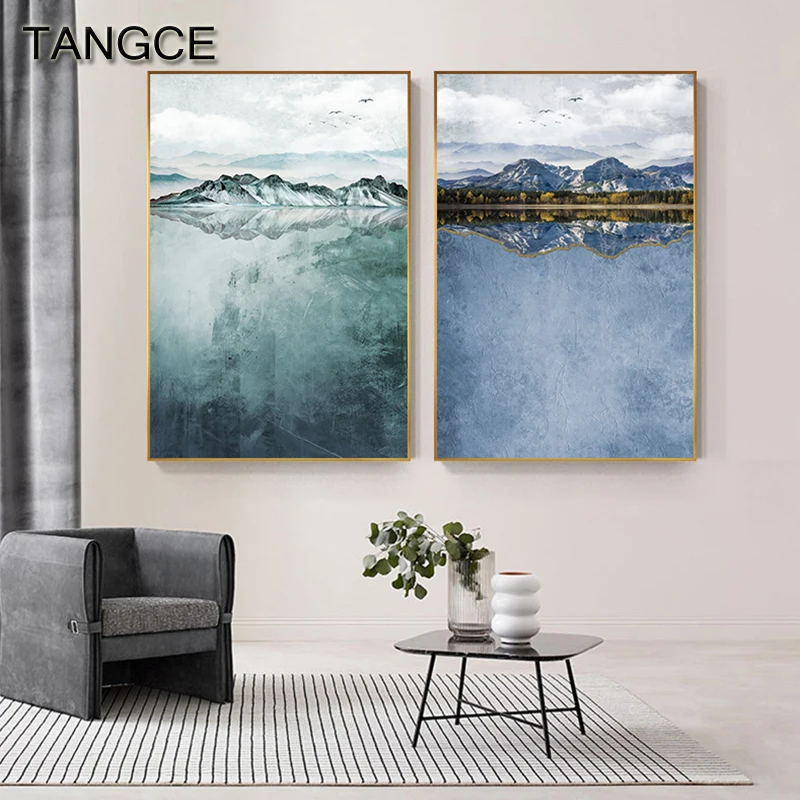 

Abstract Green Moutain Water Canvas Painting Glacier Print Blue Sea Sky Wall Art Picture for Living Room Nordic Landscape Poster