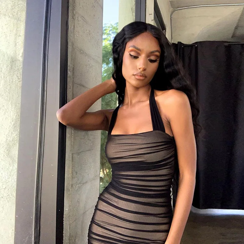 

Mesh Patchwork Women Halter Mini Dress Ruched Bodycon Sexy Streetwear Party Club Elegant 2021 Summer Festival Clothes