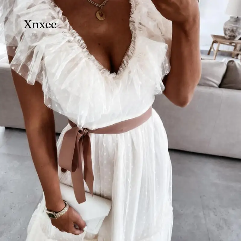 

Женское однотонное платье с V-образным вырезом, облегающая сетчатая длинная юбка с широкой талией, лето 2021