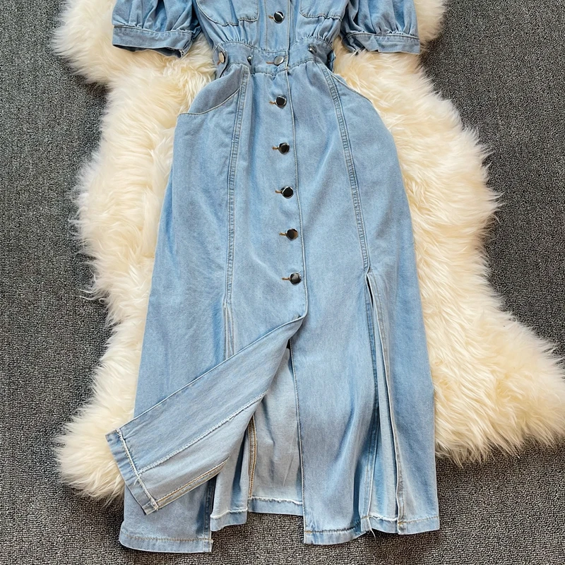 

Denim Strap Dress Summer New 2021 Off Shoulder Backless Women Age Reduction Show Thin Fashion Jeans Midi Suspender Robe Femme