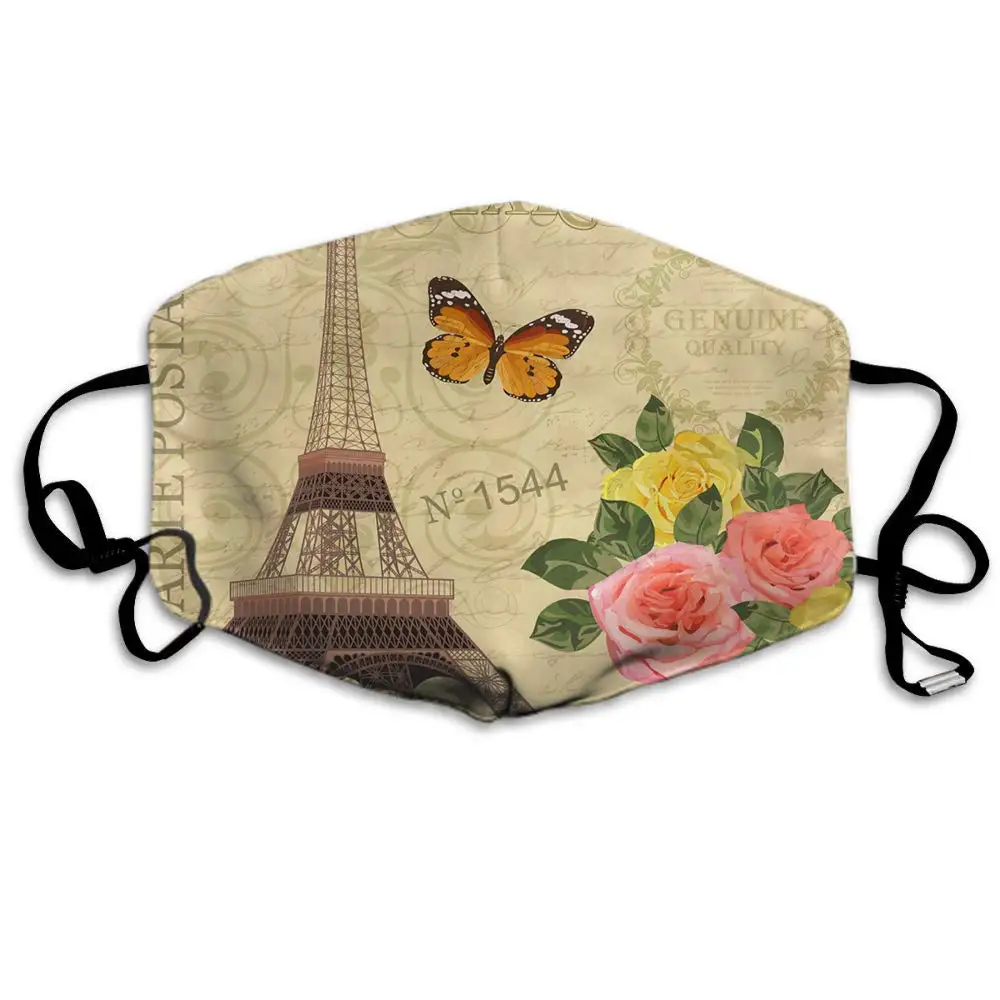 

Mask Paris,Vintage Paris Postcard with Eiffel Tower and Flower Butterfly Polyester Anti Dust Face Mask-Washable and