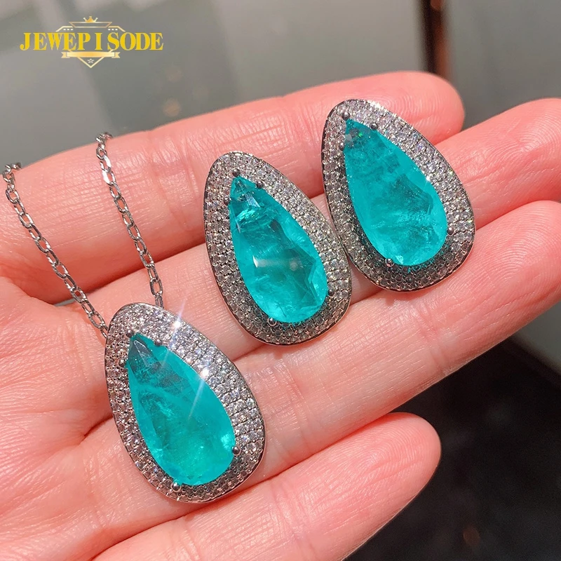 

Jewepisode Hyperbole Silver 925 Jewelry Sets Paraiba Tourmaline Simulated Moissanite Necklace/Earrings Set Gifts Drop Shipping