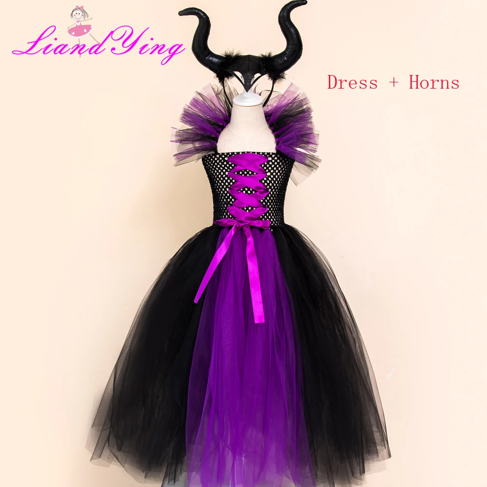 Maleficent/платье-пачка «злая королева» для девочек с рогами, костюм ведьмы для косплея для девочек, детское праздничное платье, детская одежда - Цвет: as photo with horn
