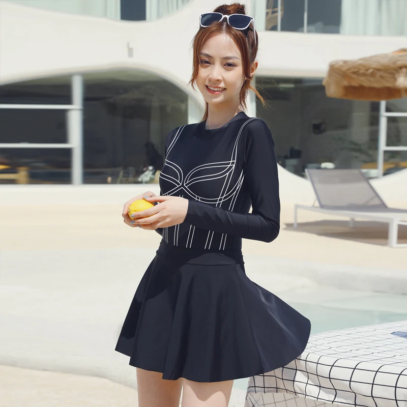 

Женский слитный костюм для серфинга, с пуш-ап, с длинным рукавом, спортивное Монокини, трикини, боди, сексуальная юбка для плавания, Рашгард