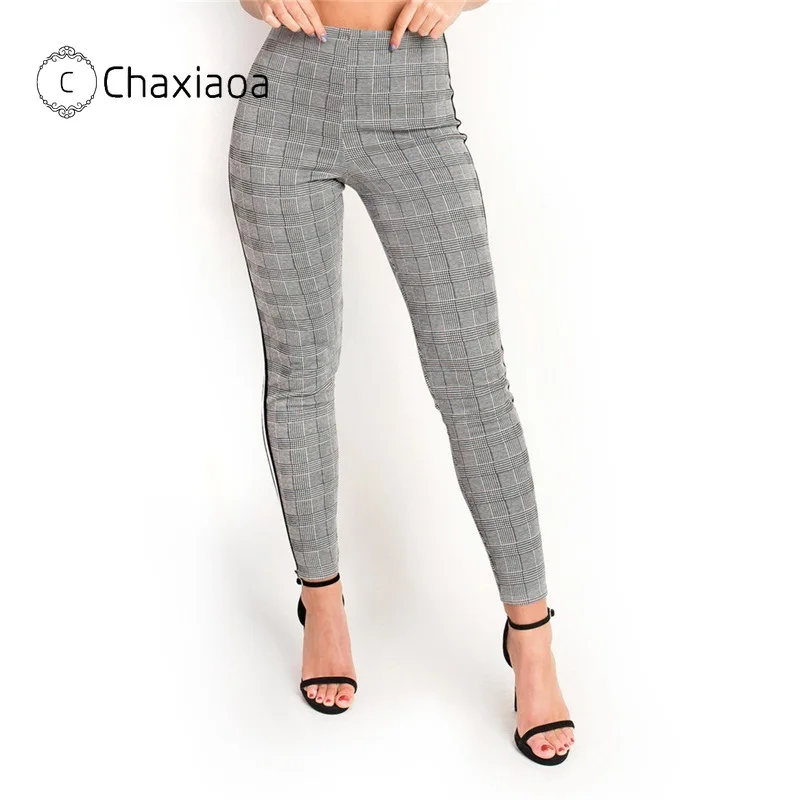 CHAXIAOA серые белые клетчатые брюки женские спортивные с полосками по бокам