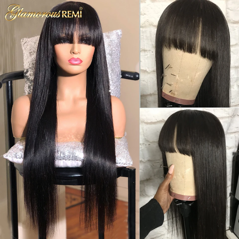 Glamorousremi, малазийские прямые парики на кружеве с челкой, 150% плотность, человеческие волосы remy, предварительно выщипанные бесклеевые парики на кружеве