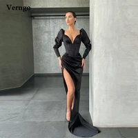 verngo 2021 stylish black satin mermaid prom dresses long sleeves sweetheart high slit pleats dubai women formal evening gowns