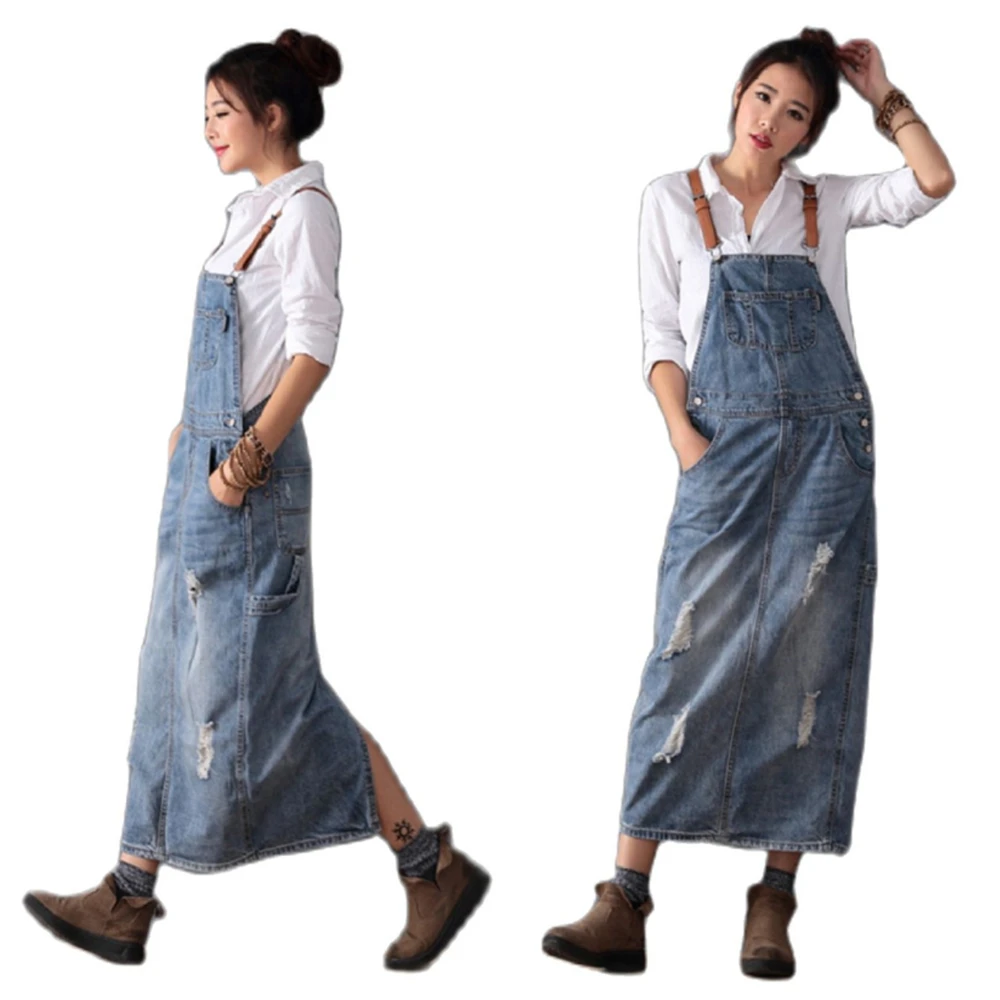 

Women Loose Long Maxi Denim Dress 2022 Bleached Holes Female Spaghetti Strap Ripped Vintage Plus Size 4XL Cowgirl Outfit Costume