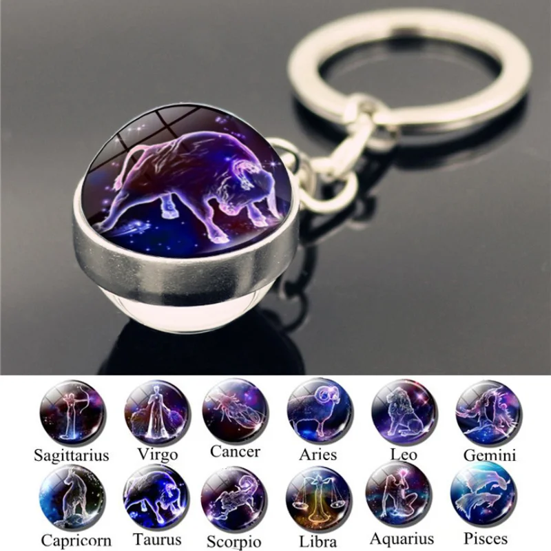 

Leo Libra Taurus Scorpio 12 Constellation Keychain Glass Ball Pendant Zodiac Sign Keychain Car Key Rings Men Women Birthday Gift