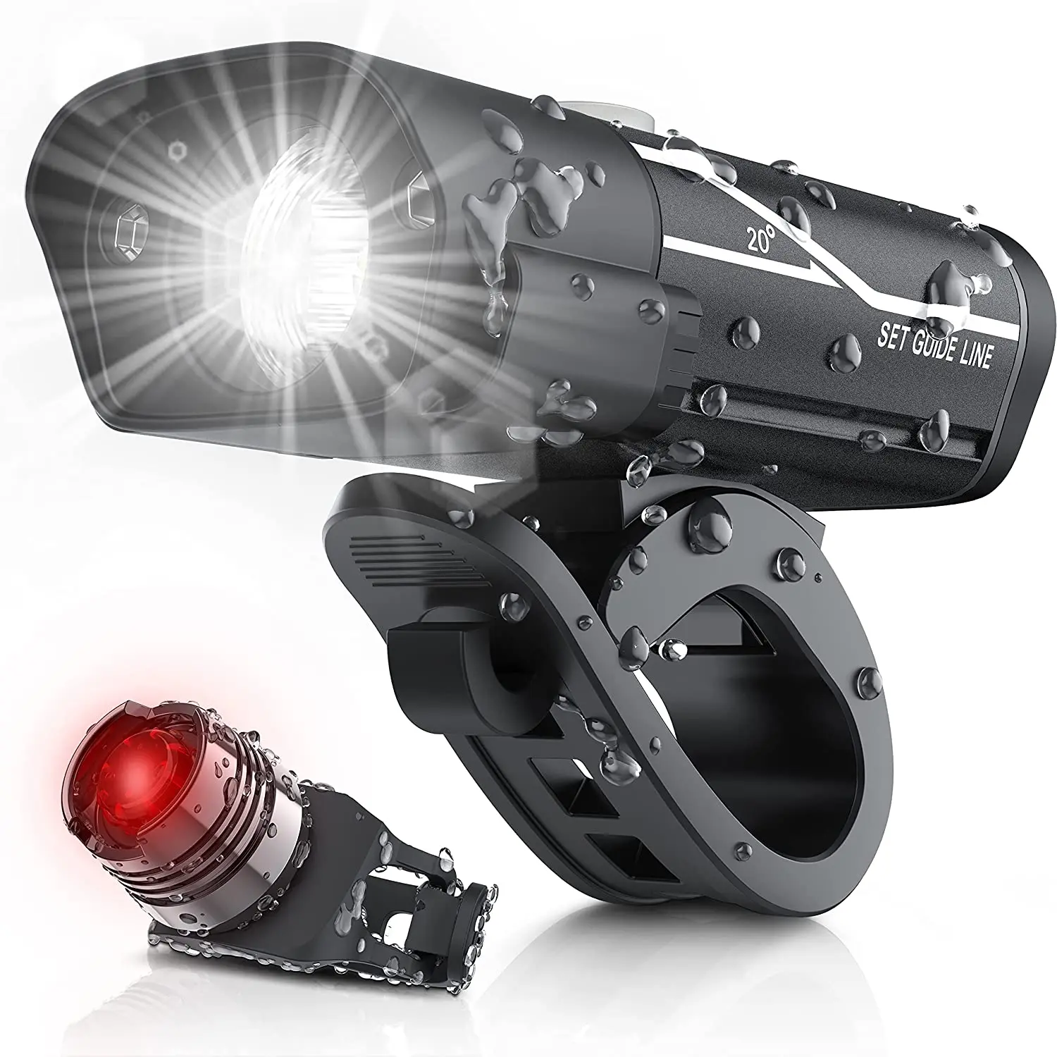

USB Rechargeable Super Bike Headlight and Back Light Set Runtime 10 Hours Bright Front Lights Tail Rear LED 5 Light Mode Options