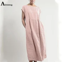 aimsnug 2021 summer womens pink long maxi dress new patchwork cotton linen dresses plus size women casual loose dress femme 6xl