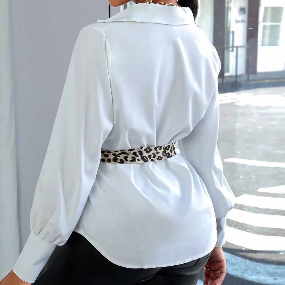 

Leopard Blouse Fashion Women Printed Patchwork Shirt Office Lady Long Sleeves Loose Female Tops Blouse 2021 New